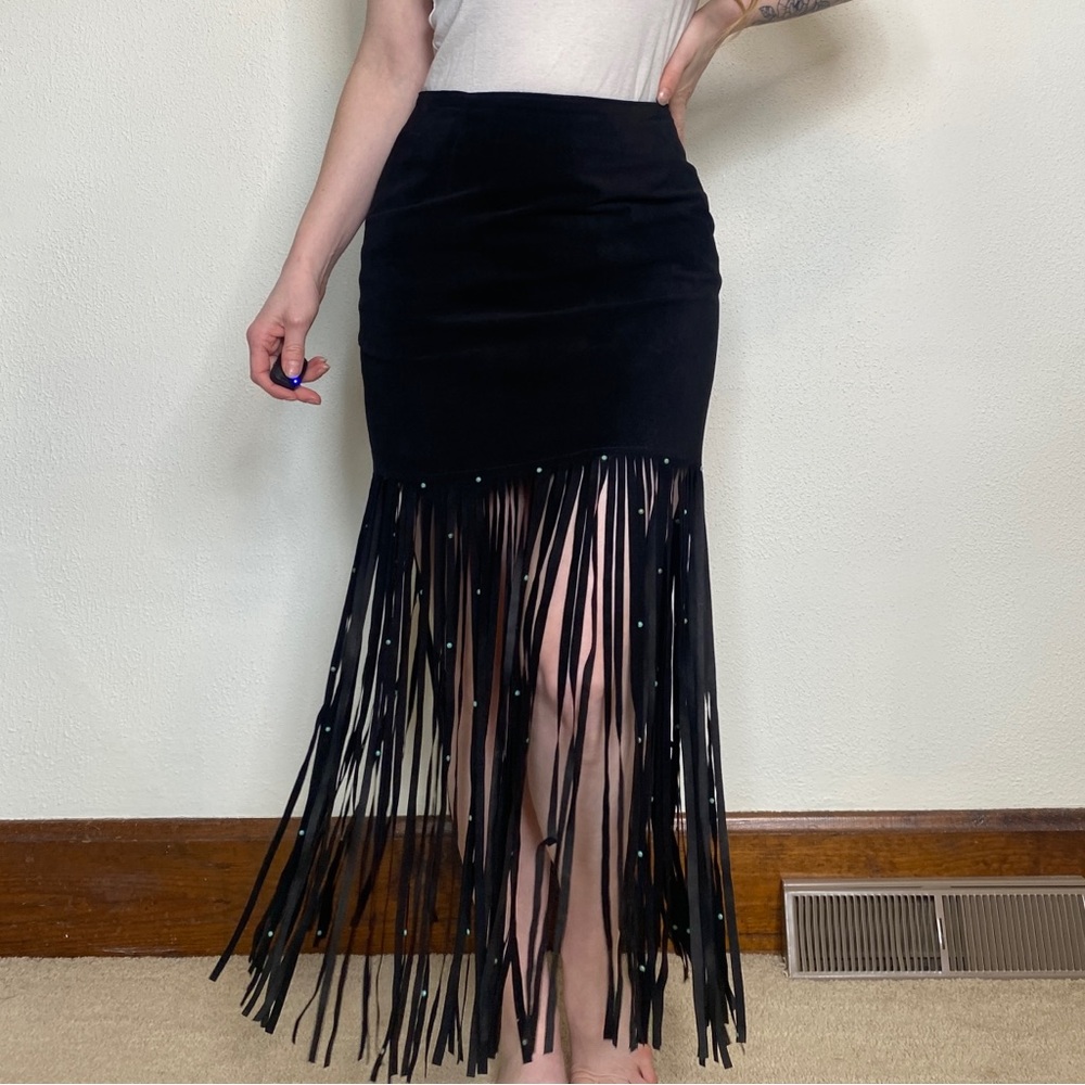 Patricia Wolf Western Black Suede Fringe Turquoise Skirt